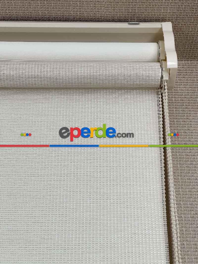 Ekru Krem Çiftli Sistem Tül Stor Perde, Standart Metal Kasalı Yüksek Kalite Kornişe Kolay Montaj Seçenekli