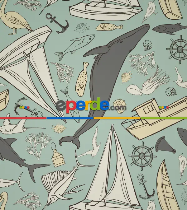 Denizci Desenli Baskılı Stor Perde- Çok Renkli