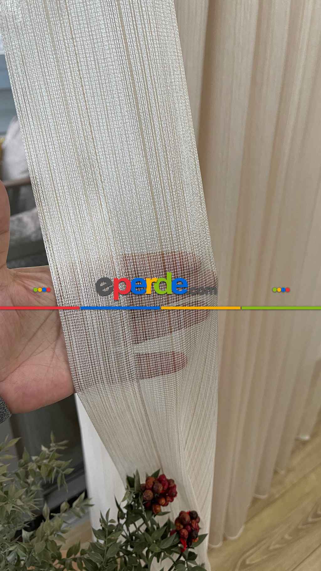 % 50 İndirimli Hazır Ürün -çizgili Düz Tül Perde - Krem Rengi - Ütü İstemez