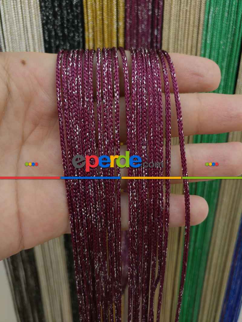 Mutfak İp Perde - Bordo Rengi İp Perde Kalın Zincir Simli Serisi- Bordo-gümüş