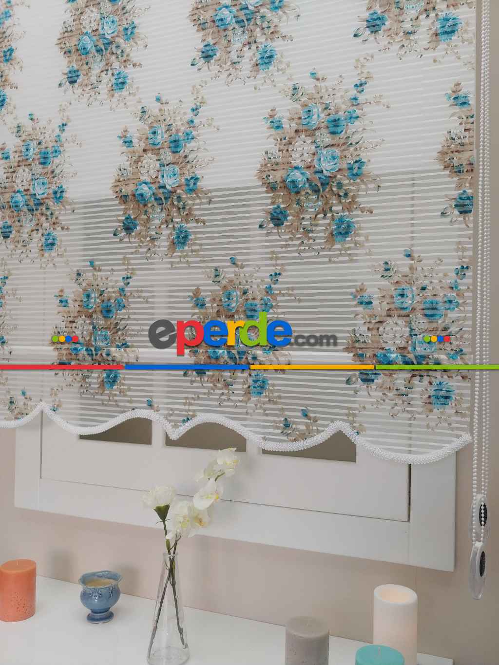 Çift Sistem Tül Stor Perde - Cattivo Series 1633- Beyaz-kahve-turkuaz