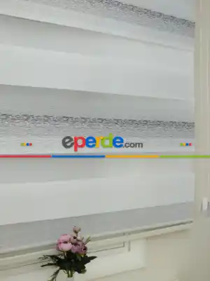Mutfak - Ekru - Gri Detaylı Zebra Perde- Ekru