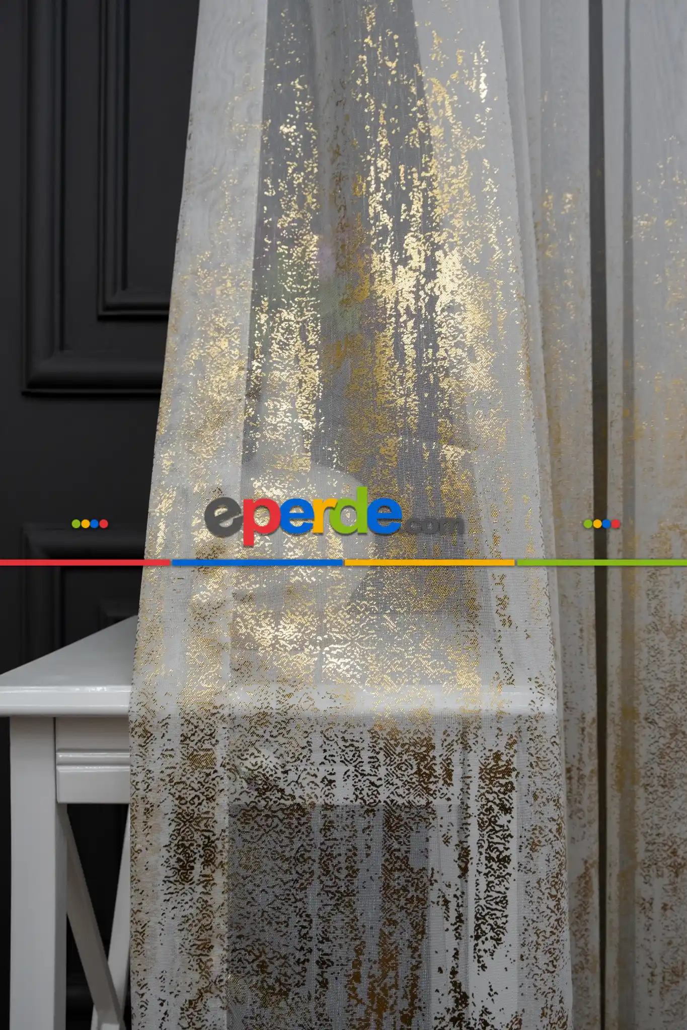 Salon Tül - Modern Altın Varaklı Keten Tül Perde Yüksek Kalite