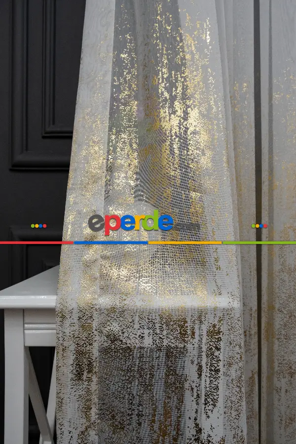 Salon Tül - Modern Altın Varaklı Keten Tül Perde Yüksek Kalite