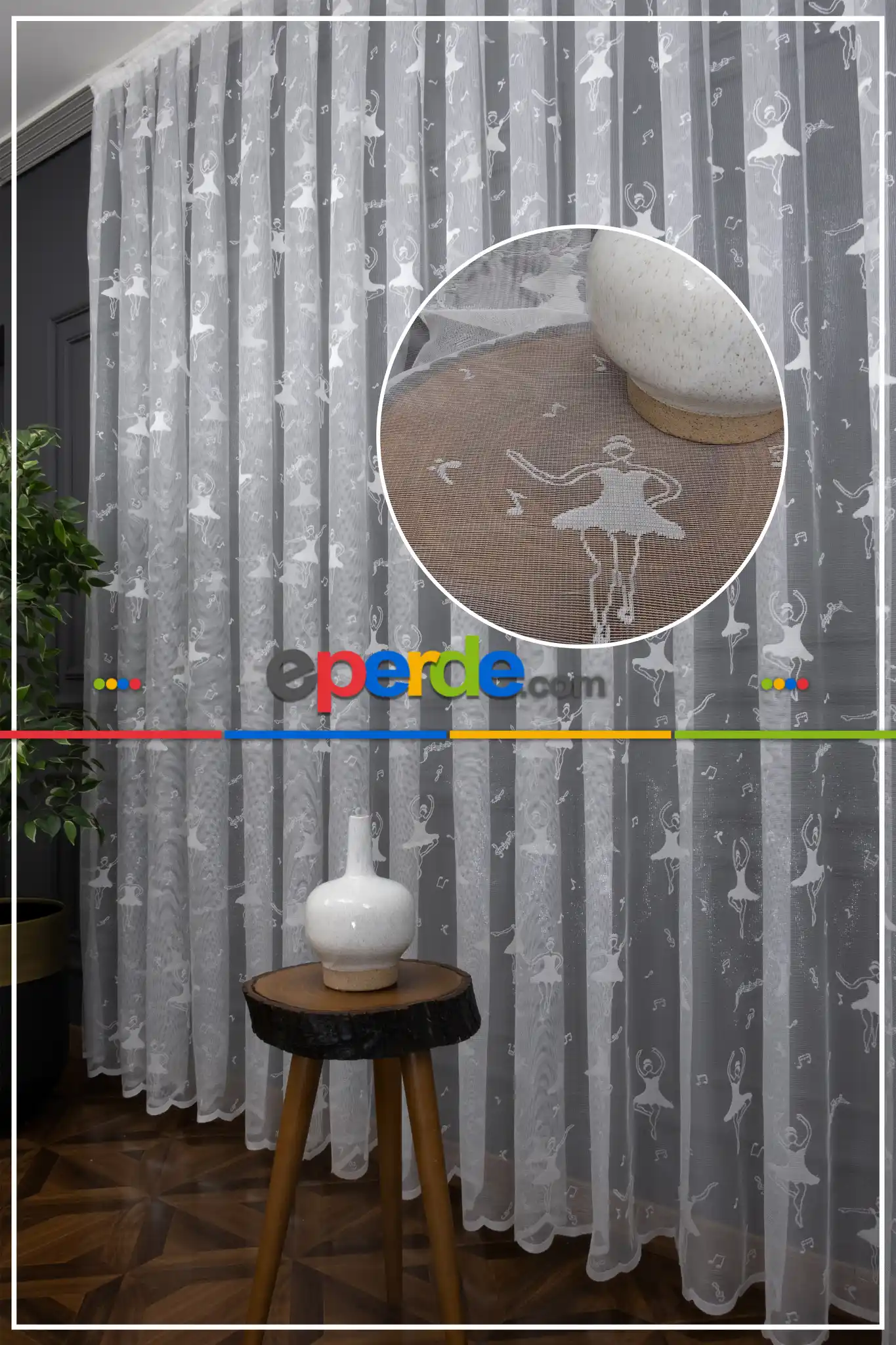 Balerin Desenli Ekru Renkli Kız Çocuk Odası İçin Tül Perde