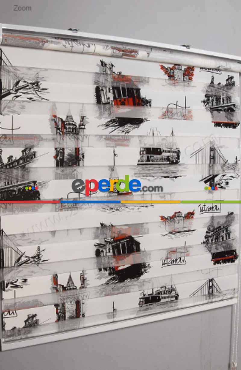 Baskılı İstanbul Zebra Perde- Siyah Kırmızı