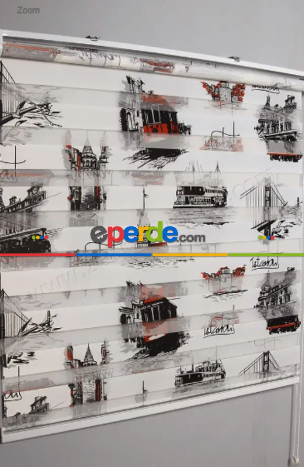 Mutfak - Baskılı İstanbul Zebra Perde- Siyah Kırmızı