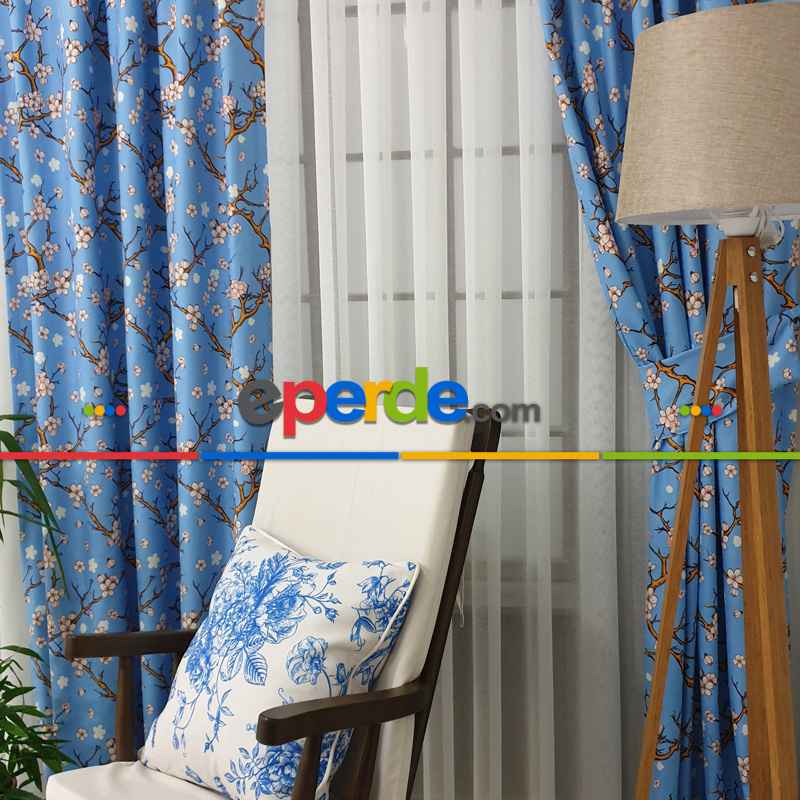 Çiçek Desenli Fon Perde Evm389 - Kumaşı Kalındır Duck Bezi Değildir.- Turkuaz-Kahve