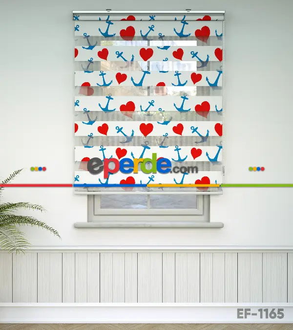 Bebek Odası Zebra Perde - Kalp Ve Çapa Baskılı Zebra Perde- Mavi-Kırmızı-Beyaz