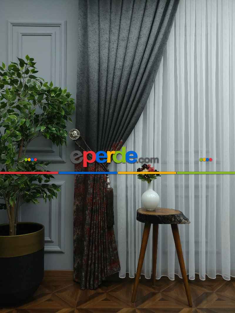 Patinedesenli Antrasit Kremit Jakar Fon Perde (180)- Kiremit Rengi