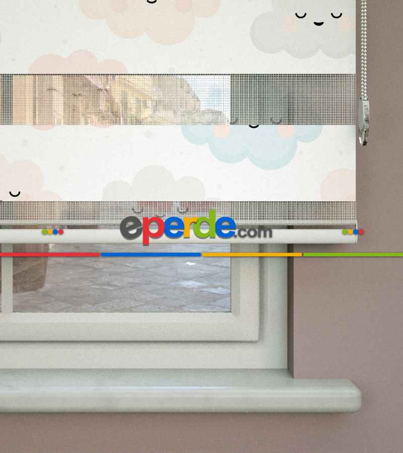 Çocuk Odası - Bulut Desenli Baskılı Zebra Perde- Çok Renkli