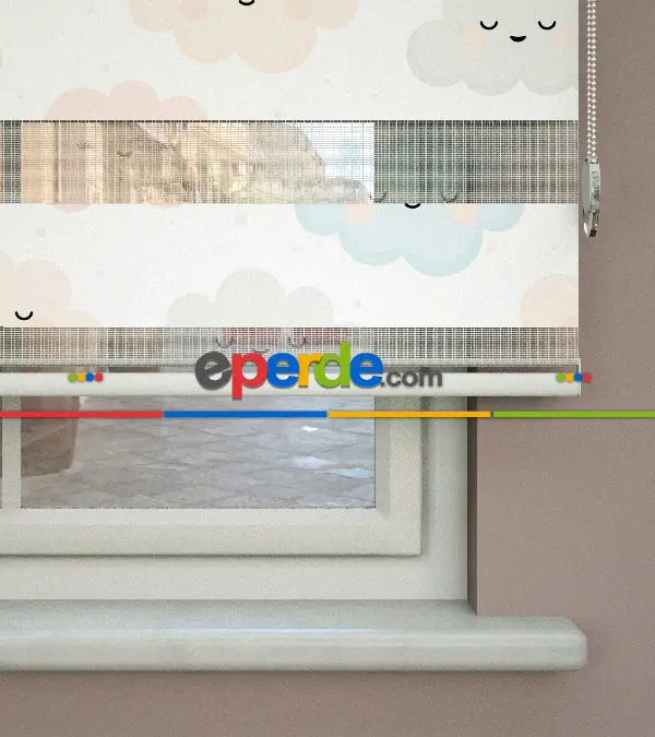 Bulut Desenli Baskılı Zebra Perde- Çok Renkli