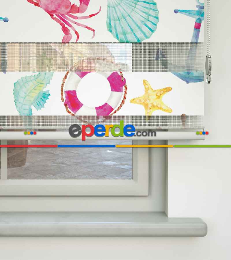 Çocuk Odası Zebra Perde - Çapa Baskılı Zebra Perde- Gri-Füme-Antrasit-Beyaz-Pembe