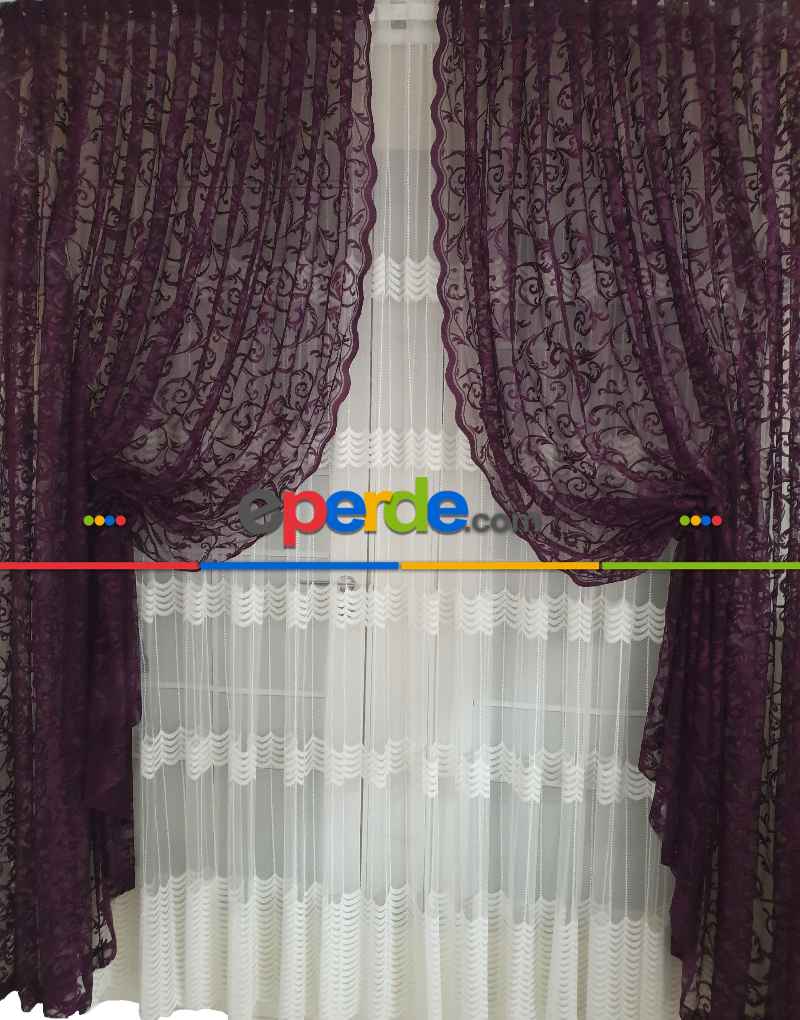 Salon - Tül Fon Mor Fon Perde- Mor 70cm X 270cm 