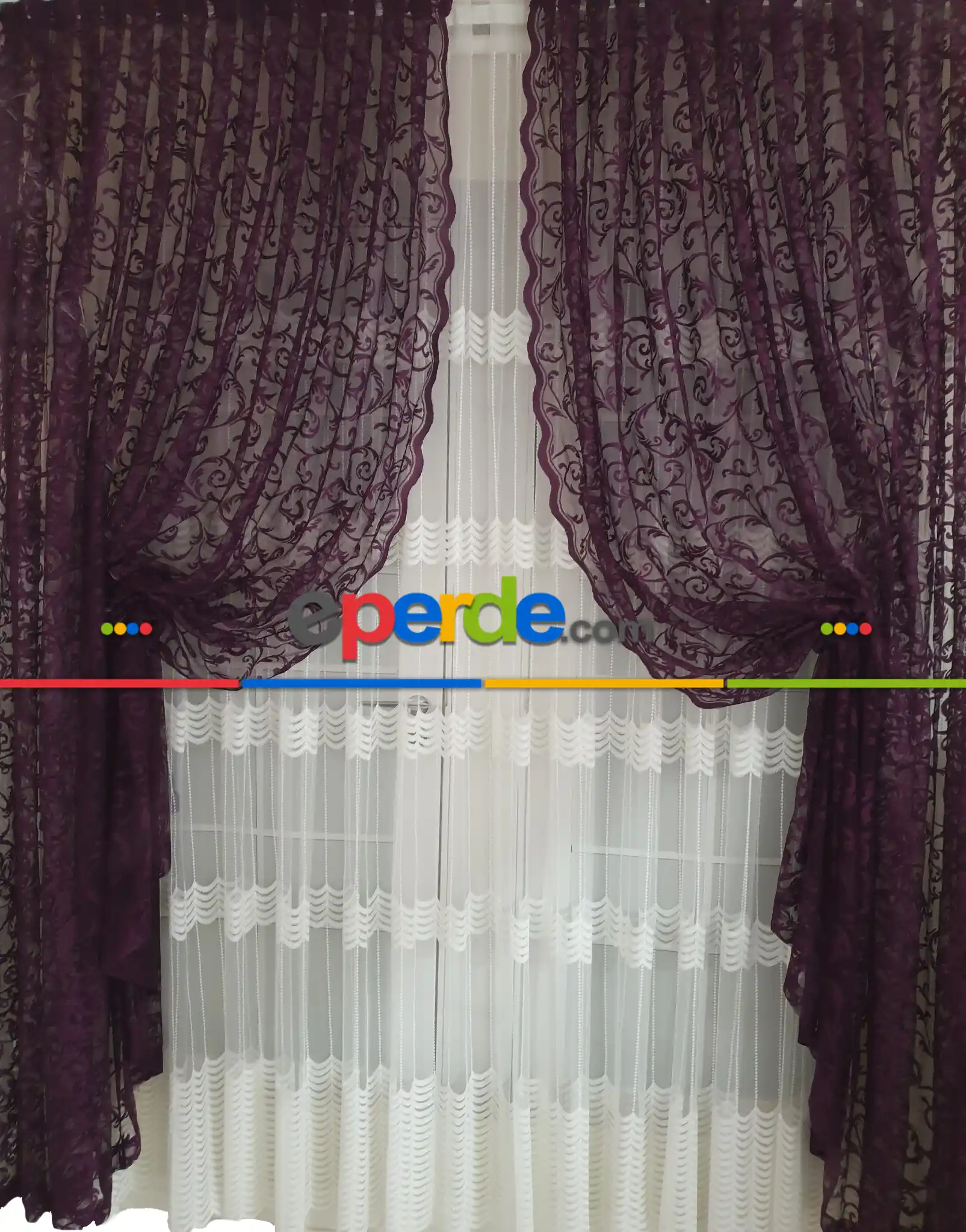 Tül Fon Mor Renk Büzgülü Tül Yeni Moda Fon Perde- Mor 70cm X 270cm 