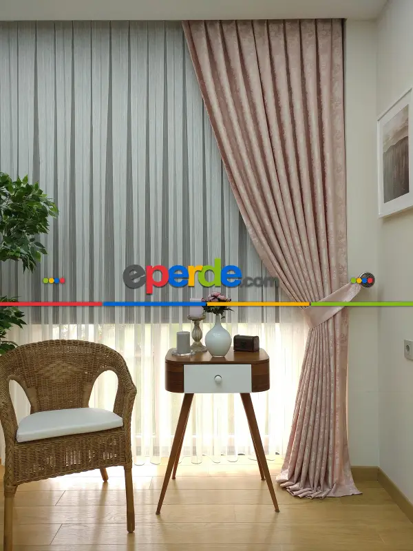 Pudra Renk Jakar Desenli Fon Perde- Pudra