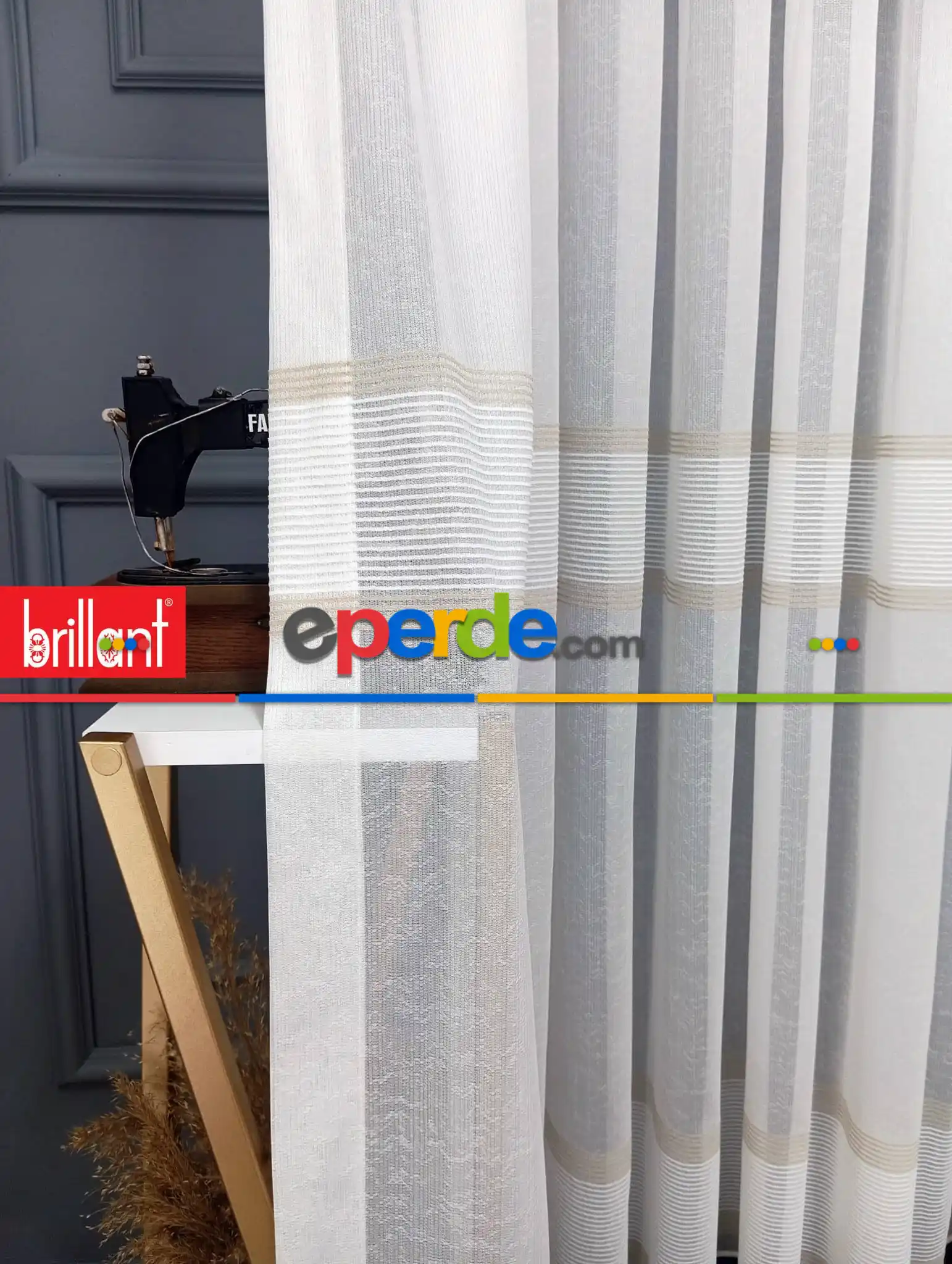 Lizvon Bej Vizon Kahverengi Cizgili Tül Perde