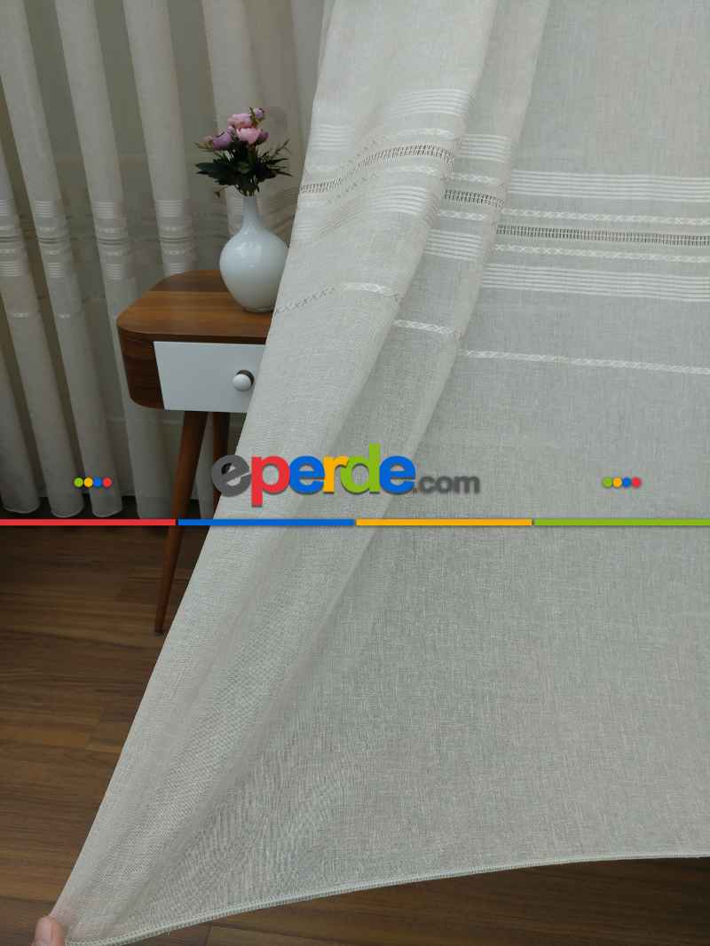 Koyu Krem - Keten Tül Perde- Krem Koyu - Kurşunlu Tül