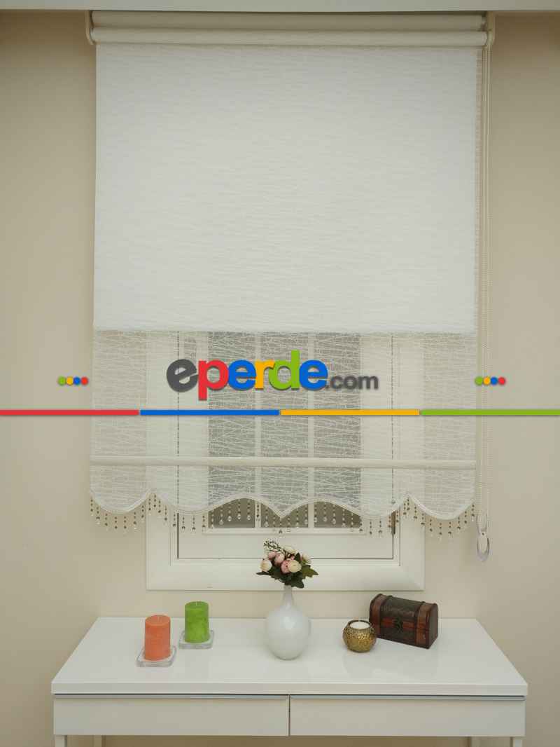 Brillant - Stor Perde - Çiftli Sistem Tül Ve Stor Perde - Cam Kırığı Modeli- Krem Açık-ekru