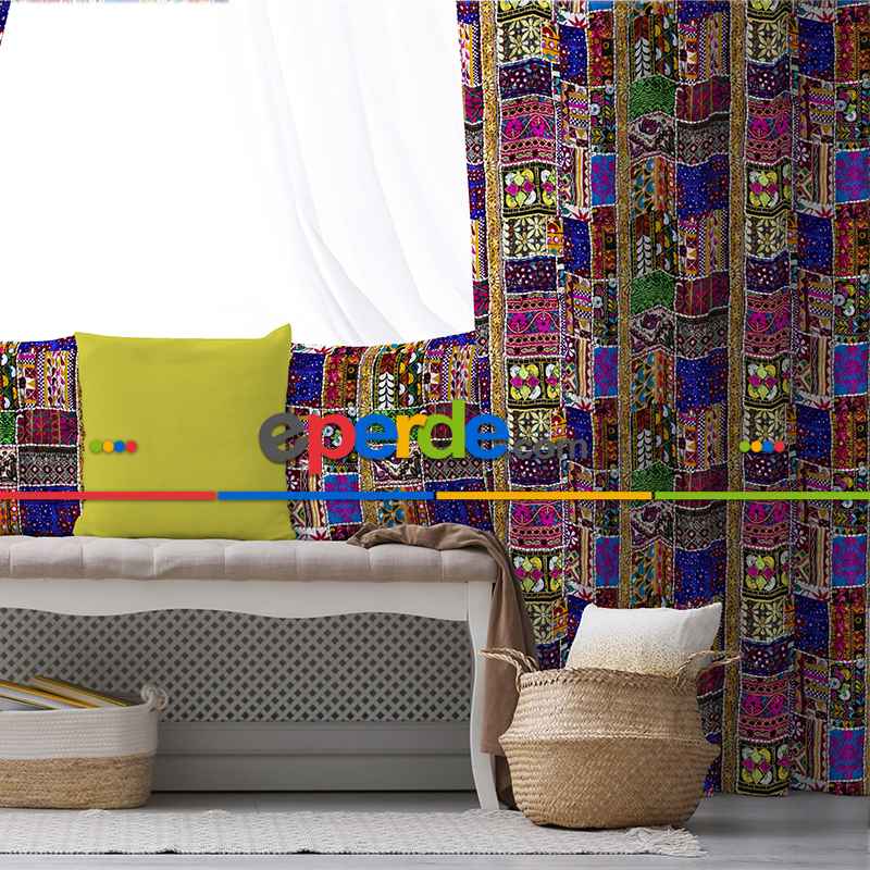 Etnik Kilim Desenli Fon Perde Evim553 Kumaşı Kalındır Duck Bezi Değildir- Mavi-beyaz