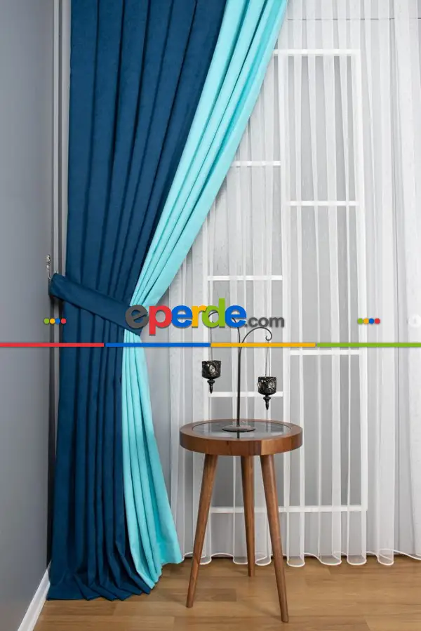 Yatak Odası - Petrol Mavi - Turkuaz Kombinli Fon Perde