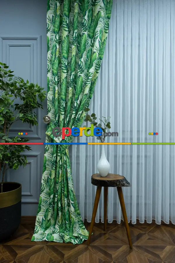 Salon Fon - Tropikal Yaprak Desenli Fon Perde Evm1122 Kumaşı Kalındır Duck Bezi Değildir- Yeşil-Beyaz