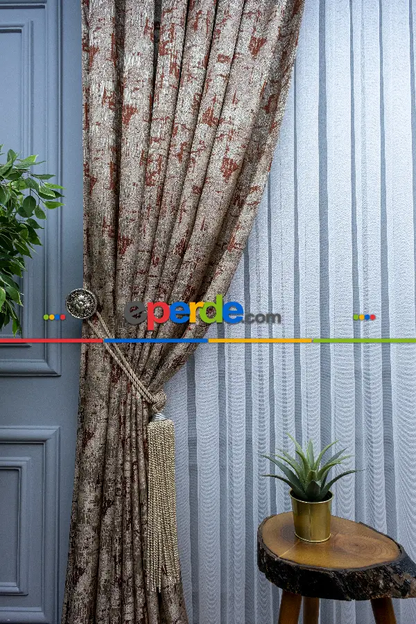 Patine Desenli Valencia Jakar Dokuma Fon Perde- Bej-kiremit Rengi