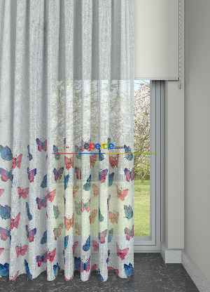 Mega İndirim!! Kelebek Desenli Keten Zemin Baskılı 1. Kalite Sık Pile Tül Perde - Kız Çocuk Odası