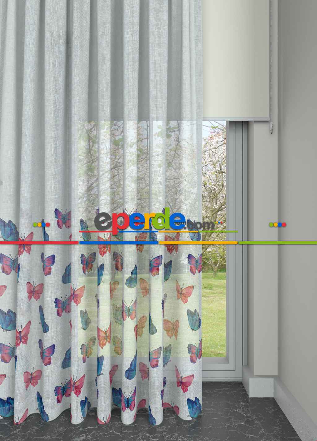 Mega İndirim!! Kelebek Desenli Keten Zemin Baskılı 1. Kalite Sık Pile Tül Perde - Kız Çocuk Odası