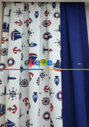 Çapa Desen Denizci Fon Perde Düz Ve Desenli- Lacivert-bordo-ekru