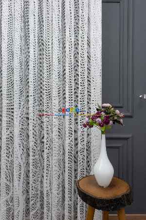 Hazır Ölçülü Eteği Dal Ağaç Desenli Örme Tül - Ekru