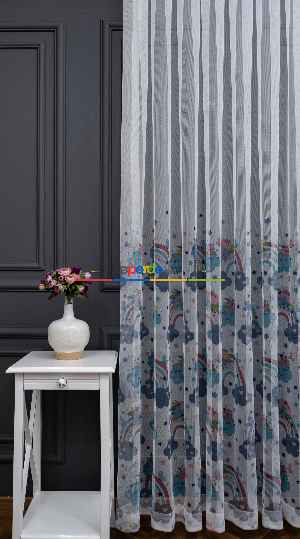 Hazır Ölçülü Petek Zemin Mavi Mor Renkli Bulut Ve Gökkuşağı Desenli Grek Baskılı Tül Perde