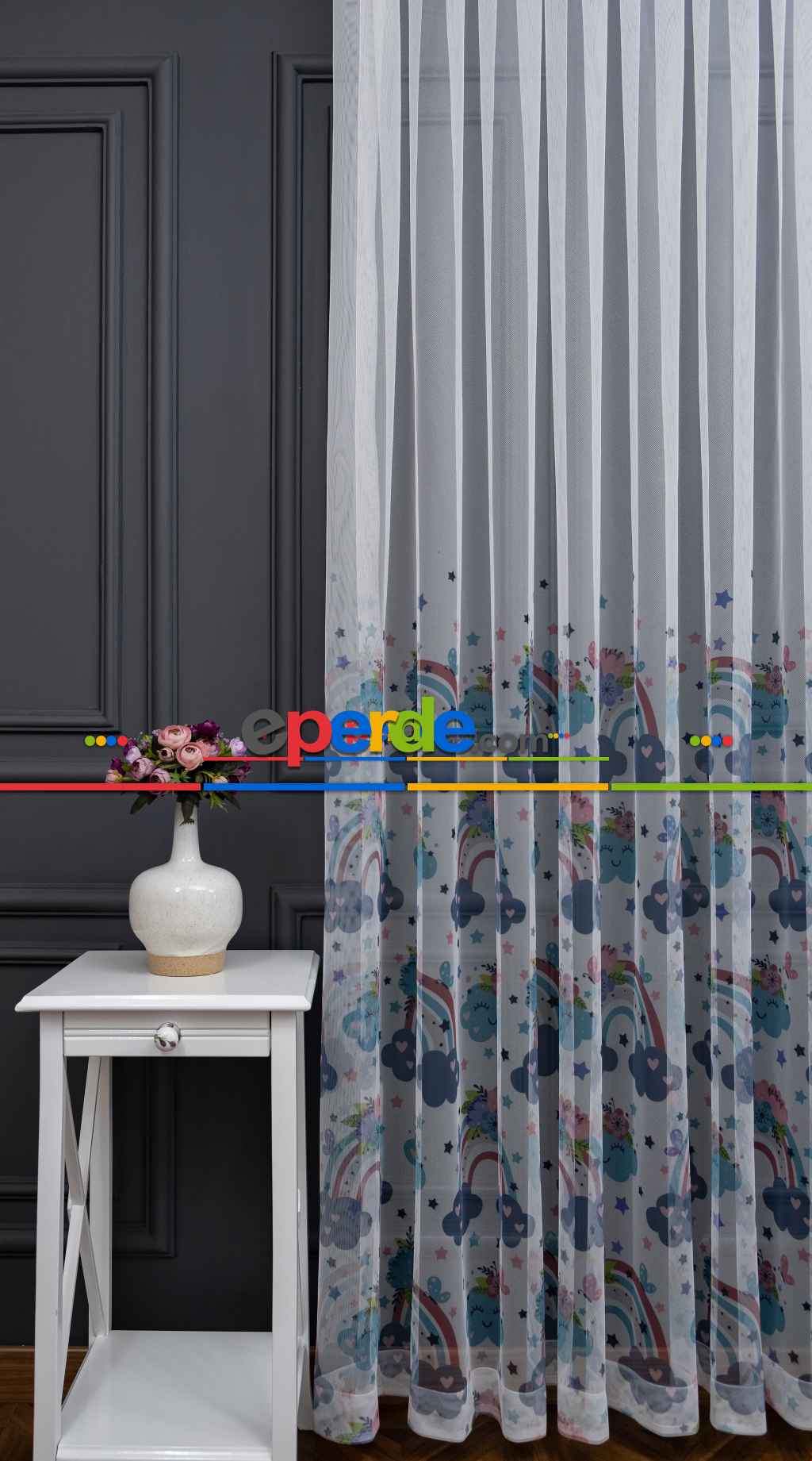 Hazır Ölçülü Petek Zemin Mavi Mor Renkli Bulut Ve Gökkuşağı Desenli Grek Baskılı Tül Perde