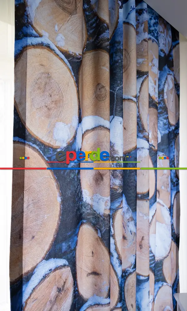 Hazır Ölçülü Dökümlü Kumaştan Kış Ve Odun Baskılı Pilesiz Fon Perde 1. Kalite