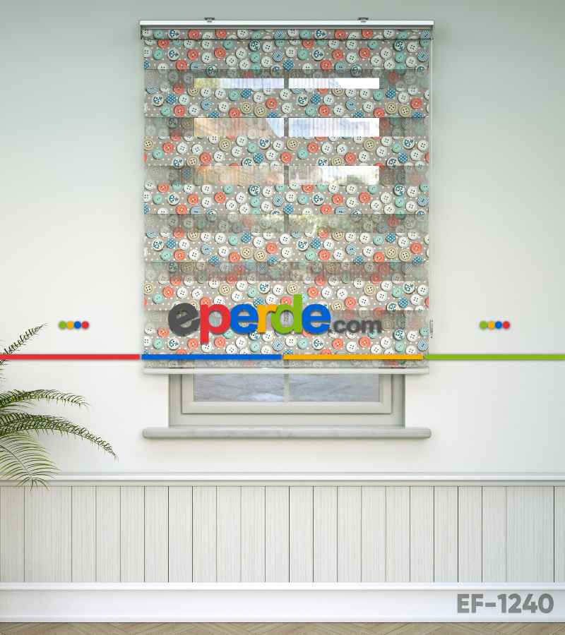 Renkli Düğmeler Baskılı Zebra Perde- Mavi-beyaz-turuncu-su Yeşili