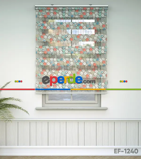 Renkli Düğmeler Baskılı Zebra Perde- Mavi-beyaz-turuncu-su Yeşili