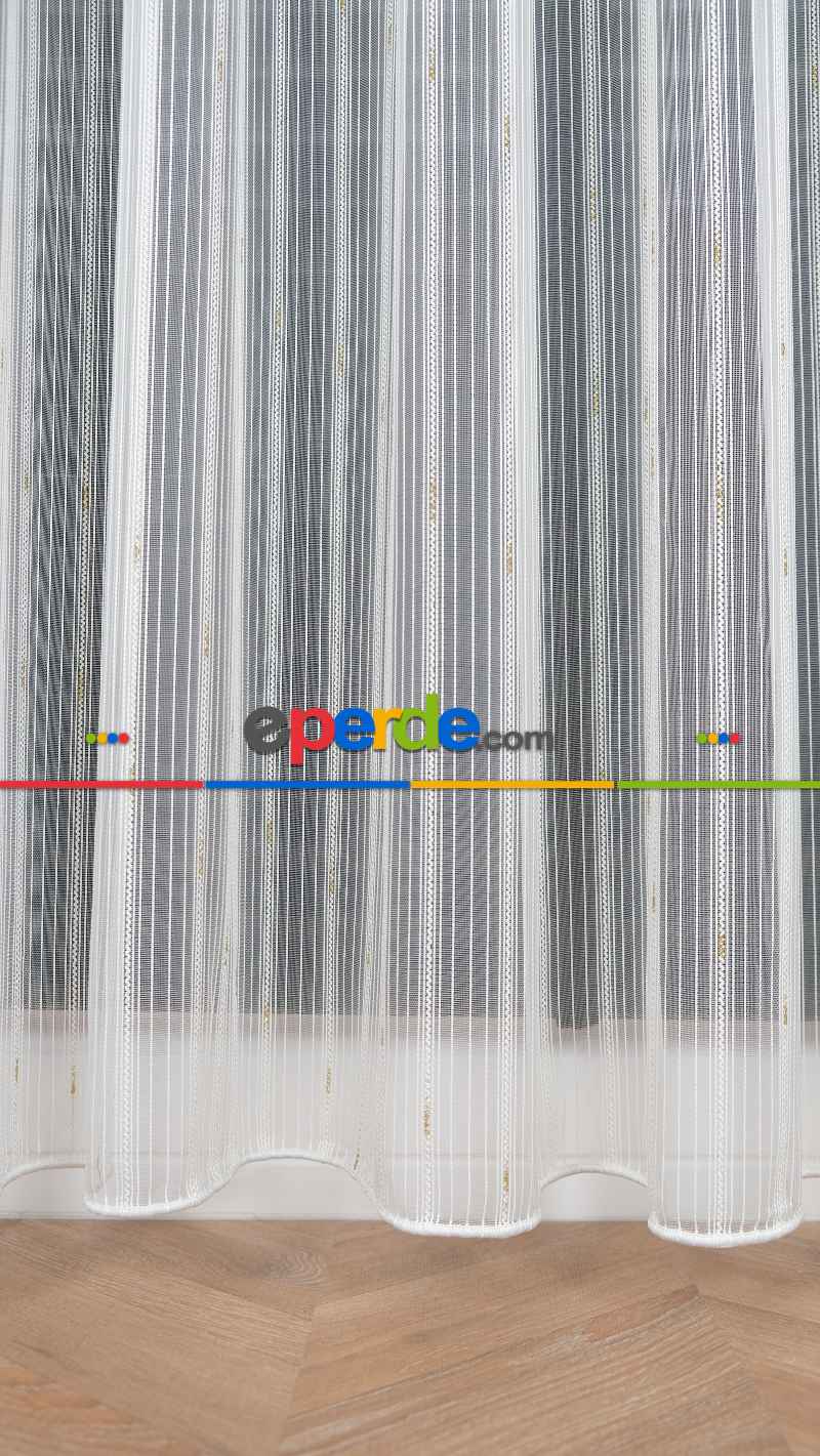 Ekru Zincir Çizgilli Altın Simli Tül Perde