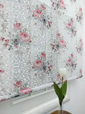 Dijital Baskı Örme Tül Stor-myra Desenli Çiftli Sistem Stor Perde- Kırmızı-beyaz