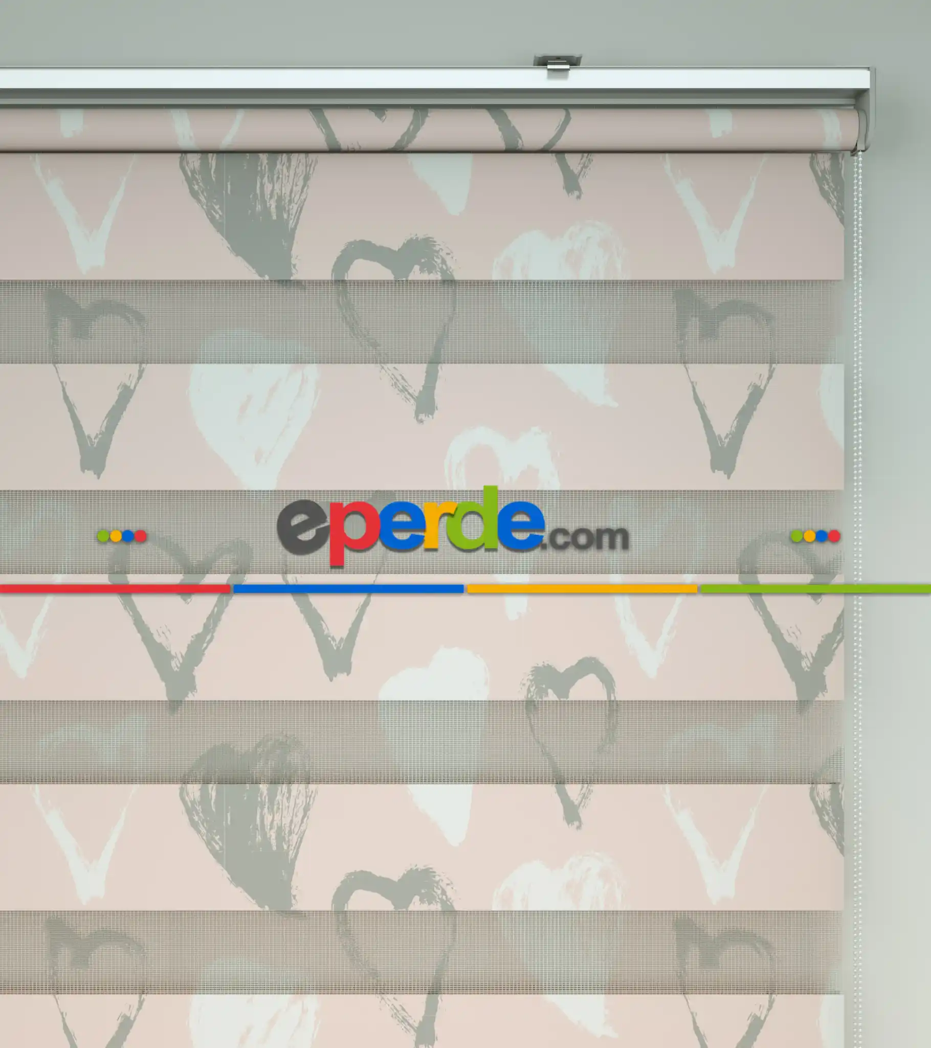 Kalp Desenli Baskılı Zebra Perde- Çok Renkli