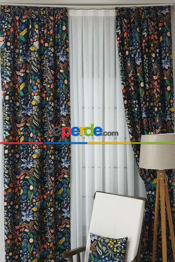 Mavi Çiçek Desenli Fon Perde Evm624 Kumaşı Kalındır Duck Bezi Değildir- Siyah-Mavi-Beyaz-Çok Renkli