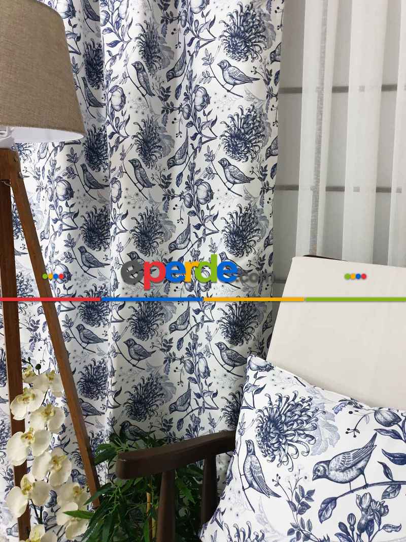 Kuş Desenli Fon Perde Evm580 Kumaşı Kalındır Duck Bezi Değildir- Beyaz