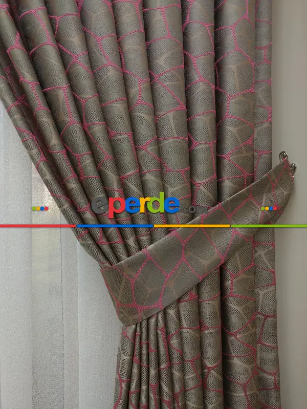 Bej Fuşya Desenli Jakar Fon Perde (285 En)- Fuşya