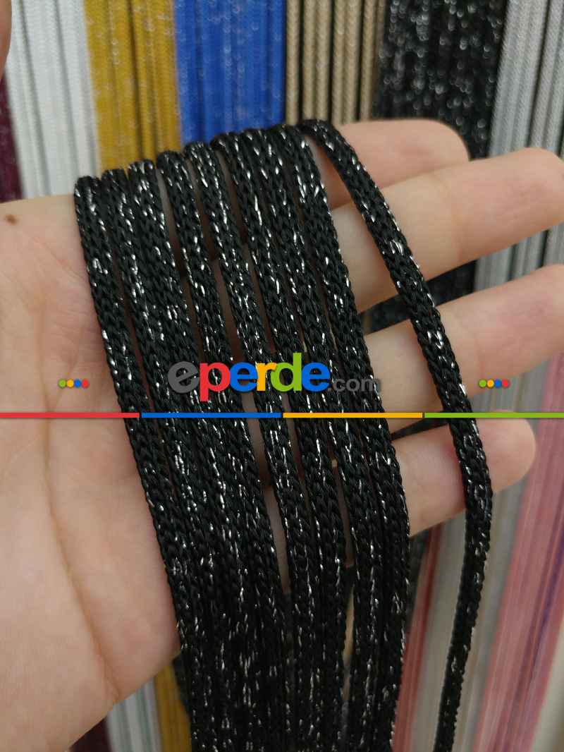 Mutfak İp Perde - Siyah Rengi Simli İp Perde Jumbo Zincir Serisi- Siyah-gümüş