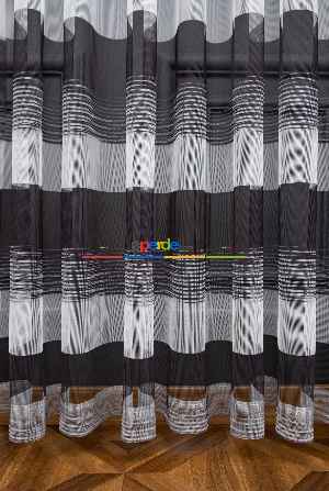 Hazır Ölçülü Petek Zemin Siyah Renkli Kalın Bantlı Modern Çizgi Desenli Grek Baskılı Tül Perde