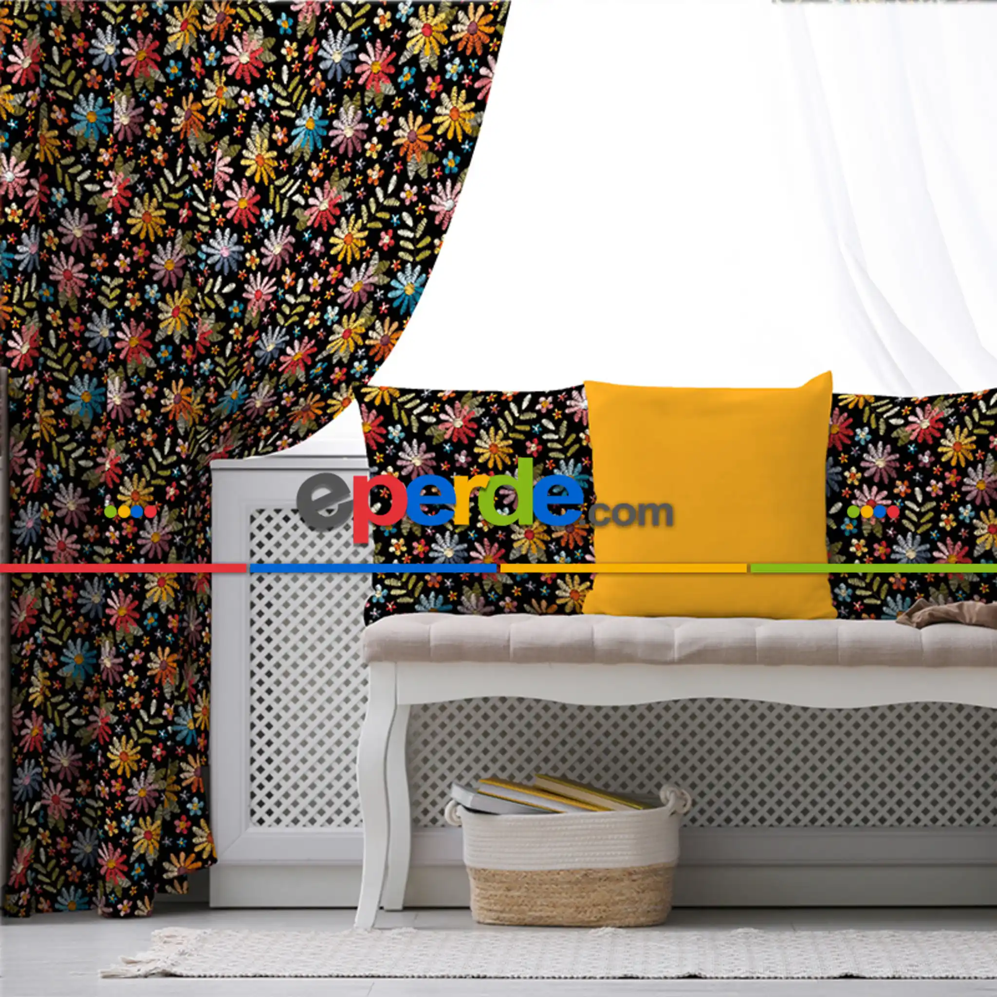 Rengarenk Çiçekli Desenli Fon Perde Evim317 Kumaşı Kalındır Duck Bezi Değildir- Mavi-beyaz