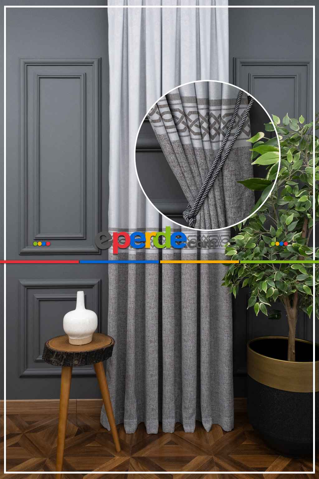Gri Desenli Pano Fon Perde