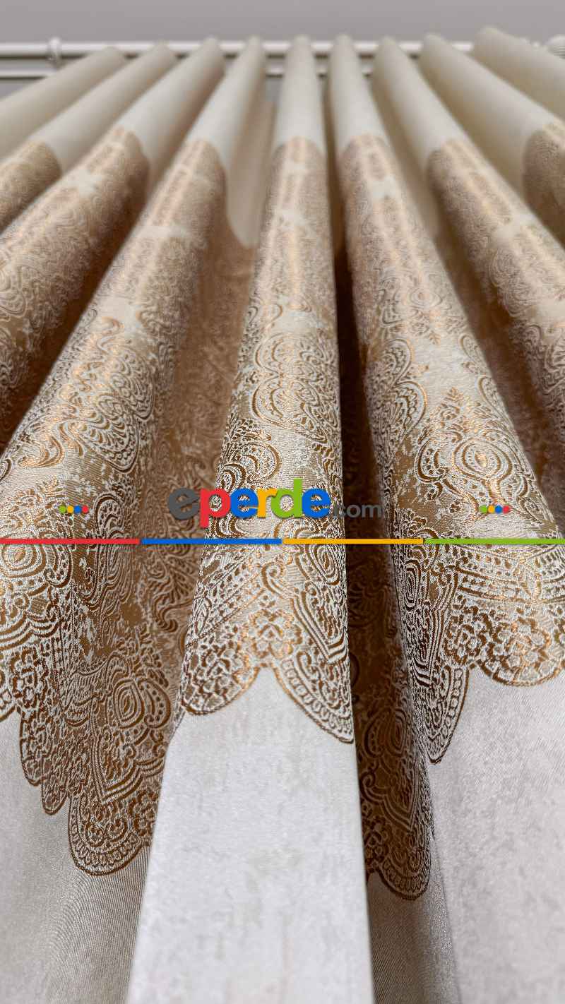 Krem Altın Fon Perde, Damask Desenli