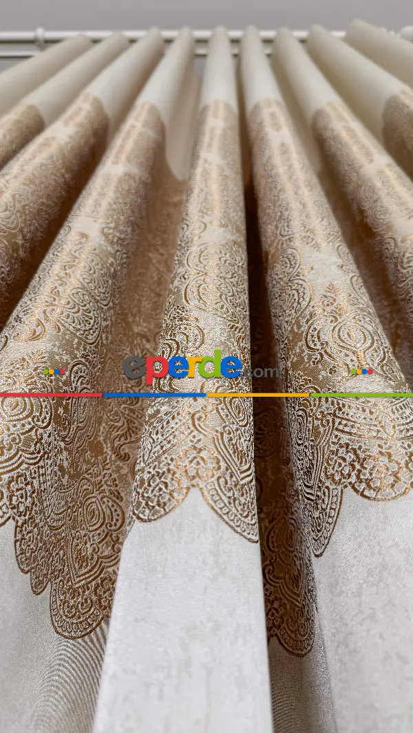 Krem Altın Fon Perde, Damask Desenli