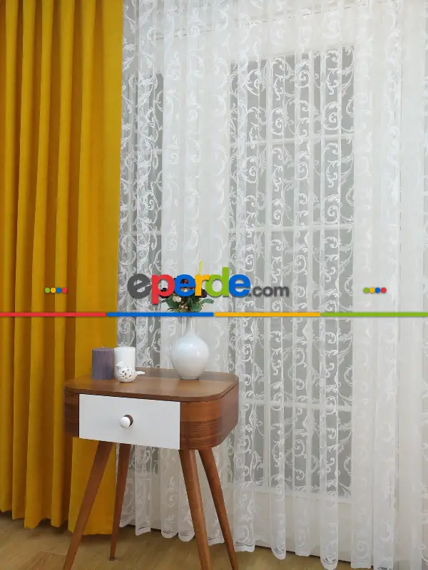 Sarmaşık Desenli Tül Perde- Ekru Bt 563