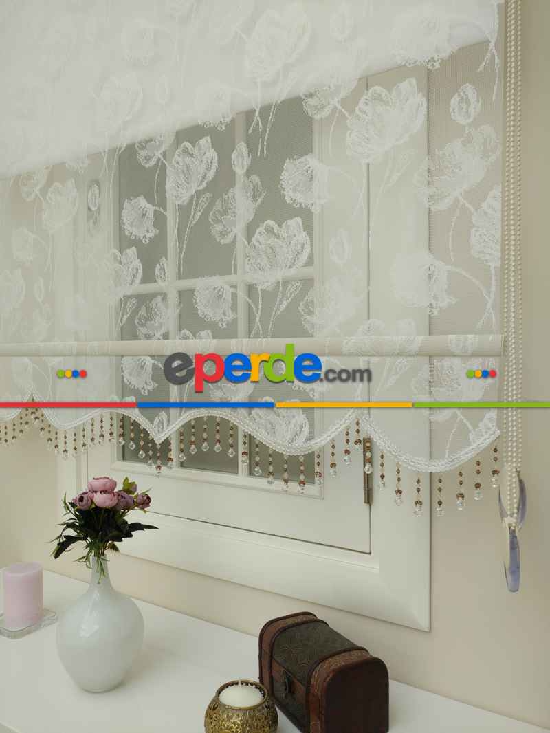 Brillant Çiçek Desen Çiftli Sistem Tül Stor Perde Ve Stor Perde- Ekru